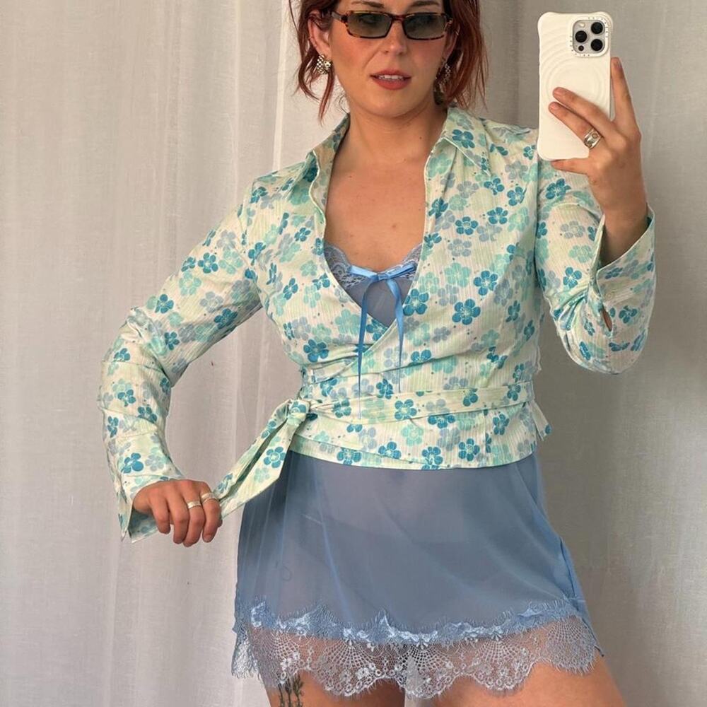 ✿ y2k blue floral wrap top ✿